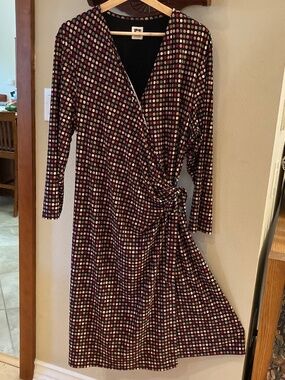 Anne Klein Faux Wrap Dress XL-1X Black Multicolor Dot Stretch Long Sleeve